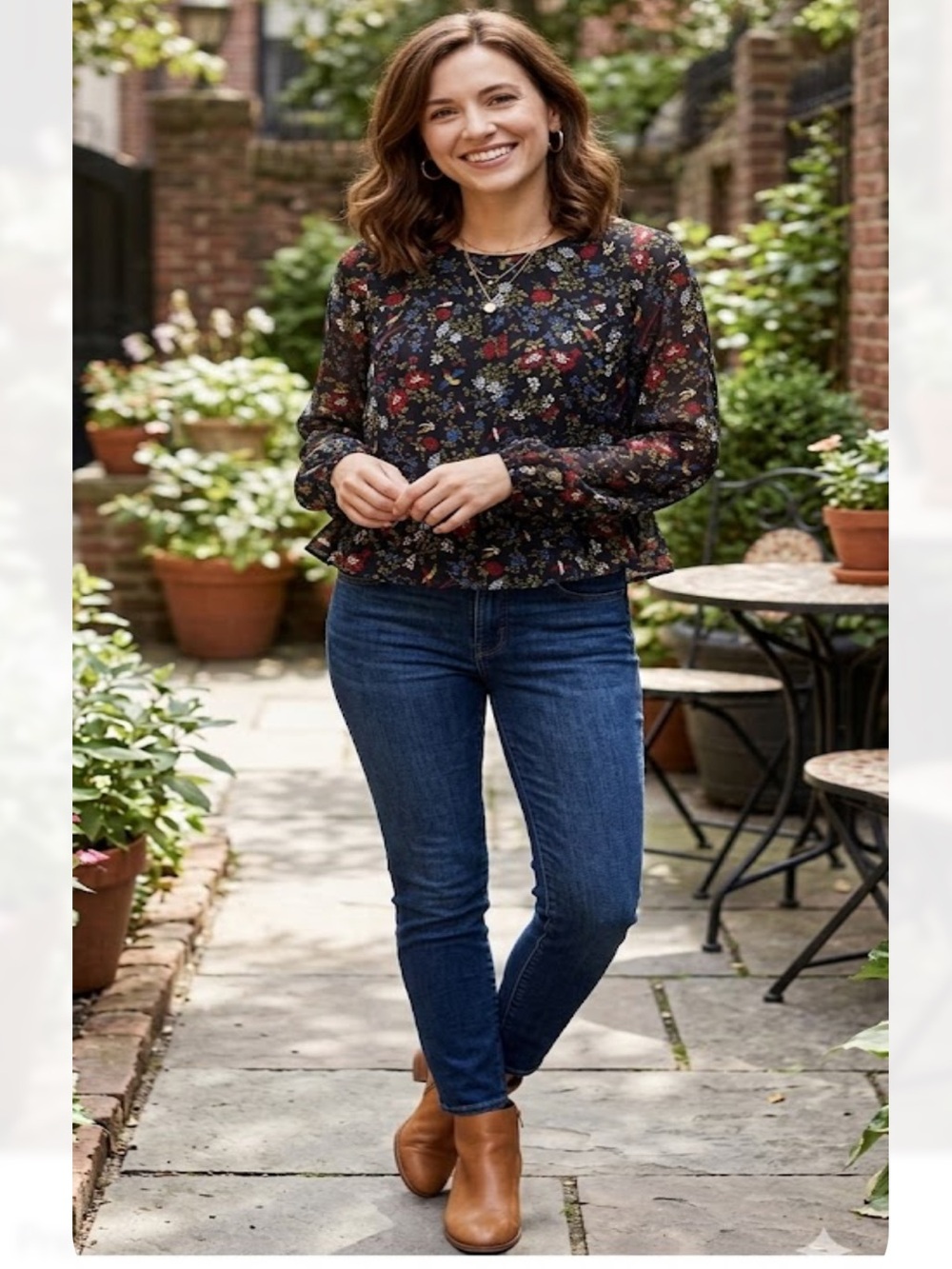 Madewell Black Floral Long-Sleeve Peplum Blouse
